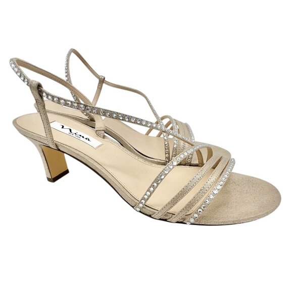 Nina Gerri-Fy Taupe Reflective Heeled Sandals Strappy Rhinestone 10M Formal - Picture 1 of 11